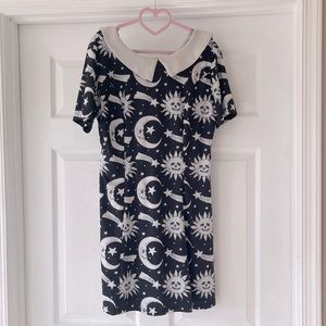 Black & White Celestial Print Dress with White Peter Pan Collar
